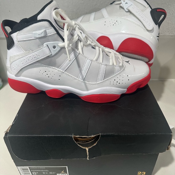 Jordan White and Red Sneakers with Classic Silhouette - Picture 1 of 4
